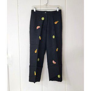 Dean & White Tropical Fruit Embroidered Cropped Black Linen Pants